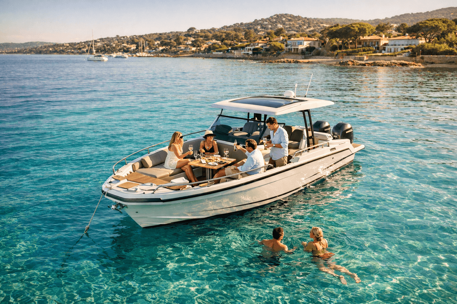 Family enjoying a day on board in the Gulf of Saint-Tropez